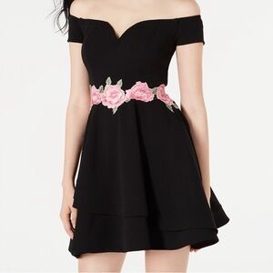 B Darlin Black Off-Shoulder Mini Dress 3/4 Pink Floral Waist Embroidery